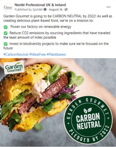 Nestle Professional social media post about Garden Gourmet sustainability commitment for 2022