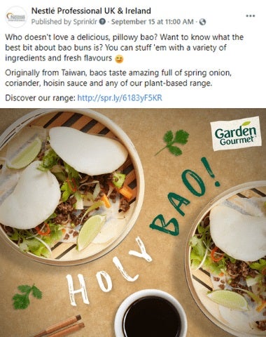 Nestle Professional social media post about bao dish made with Garden Gourmet