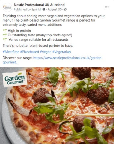 Nestle Professional social media post about the Garden Gourmet plant-based range