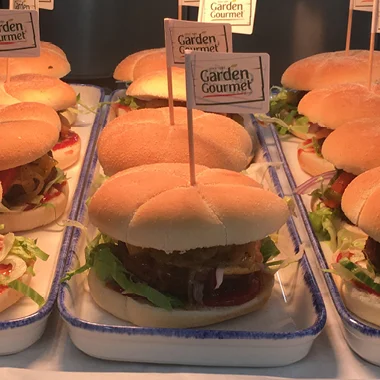 Plant-based burger displayed in canteen