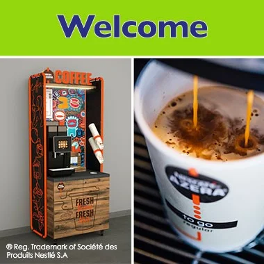 NESCAFÉ AZERA Coffee Machine and coffee cups with Welcome