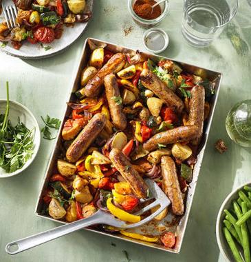 Garden Gourmet Vegan Cumberland Sausage used in Sausage and Roasted Veg Tray Bake