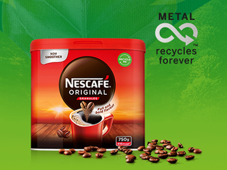 Nescafe Original tin with metal recycle logo