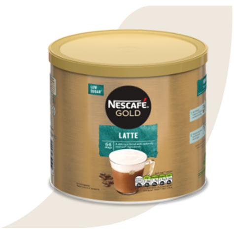 Nescafe Gold Latte tin with Nescafe accent in the background