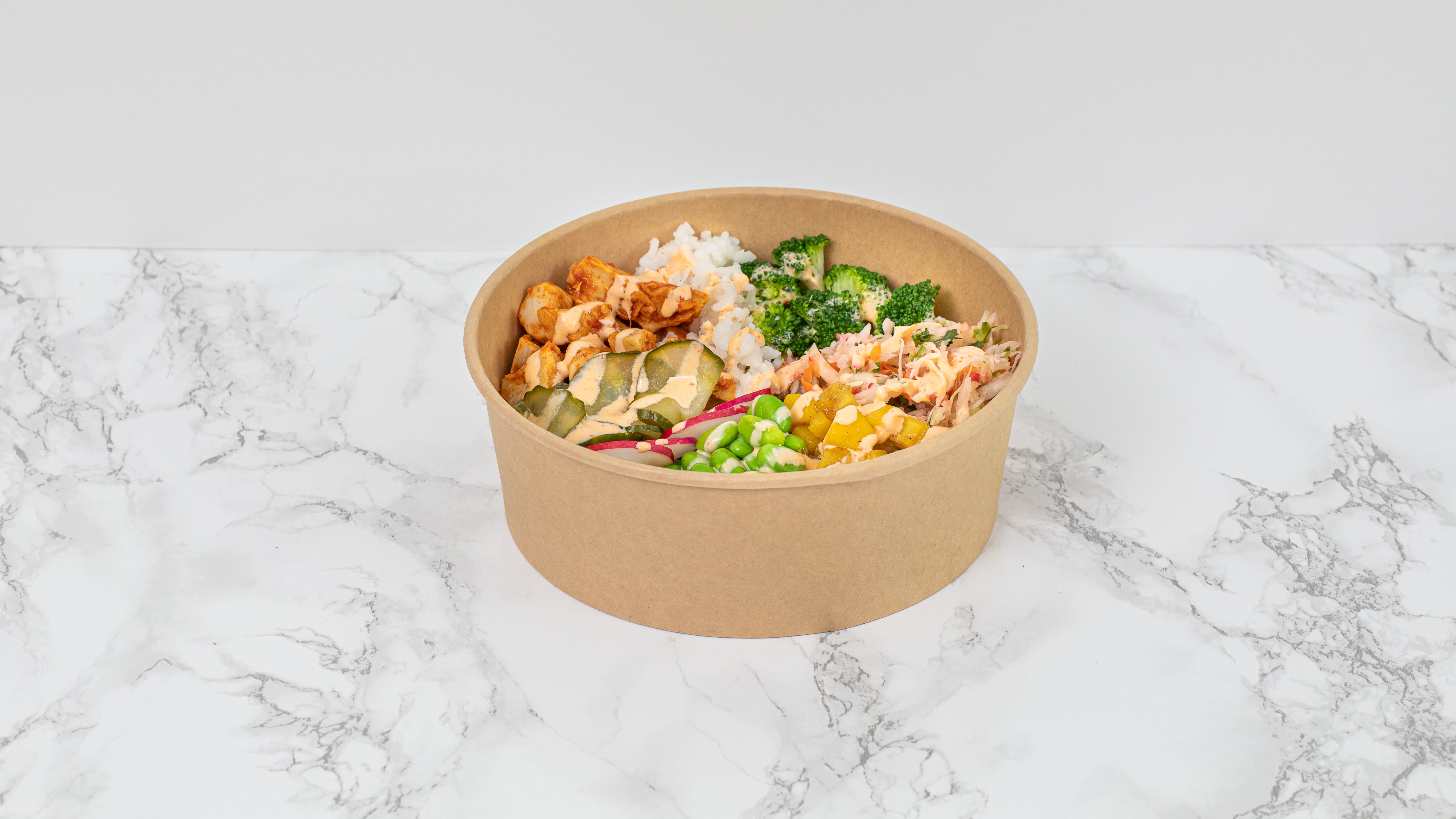 veggie poke bowl with chicken style fillet pieces