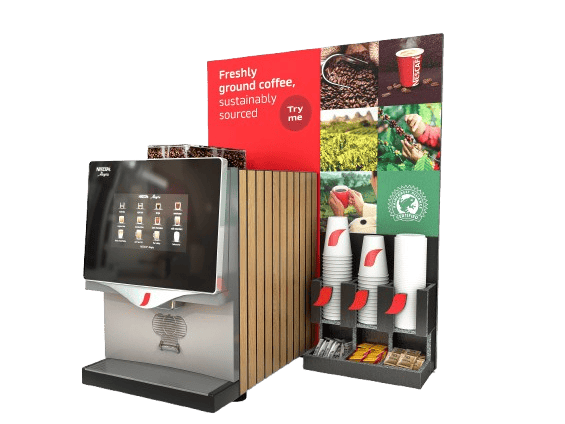 NESCAFE bean to cup commercial coffee machine unit with cups and accessories dispenser
