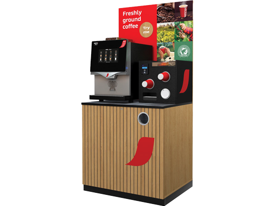 NESCAFE bean to cup commercial coffee machine unit with branding, no header, cups and accessories dispenser
