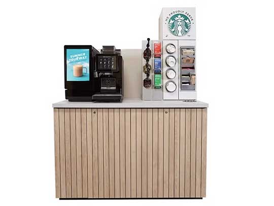 we proudly serve Starbucks self-serve coffee machine short