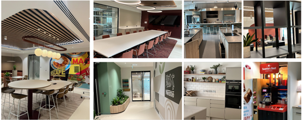 A collage of photos of the new development kitchen