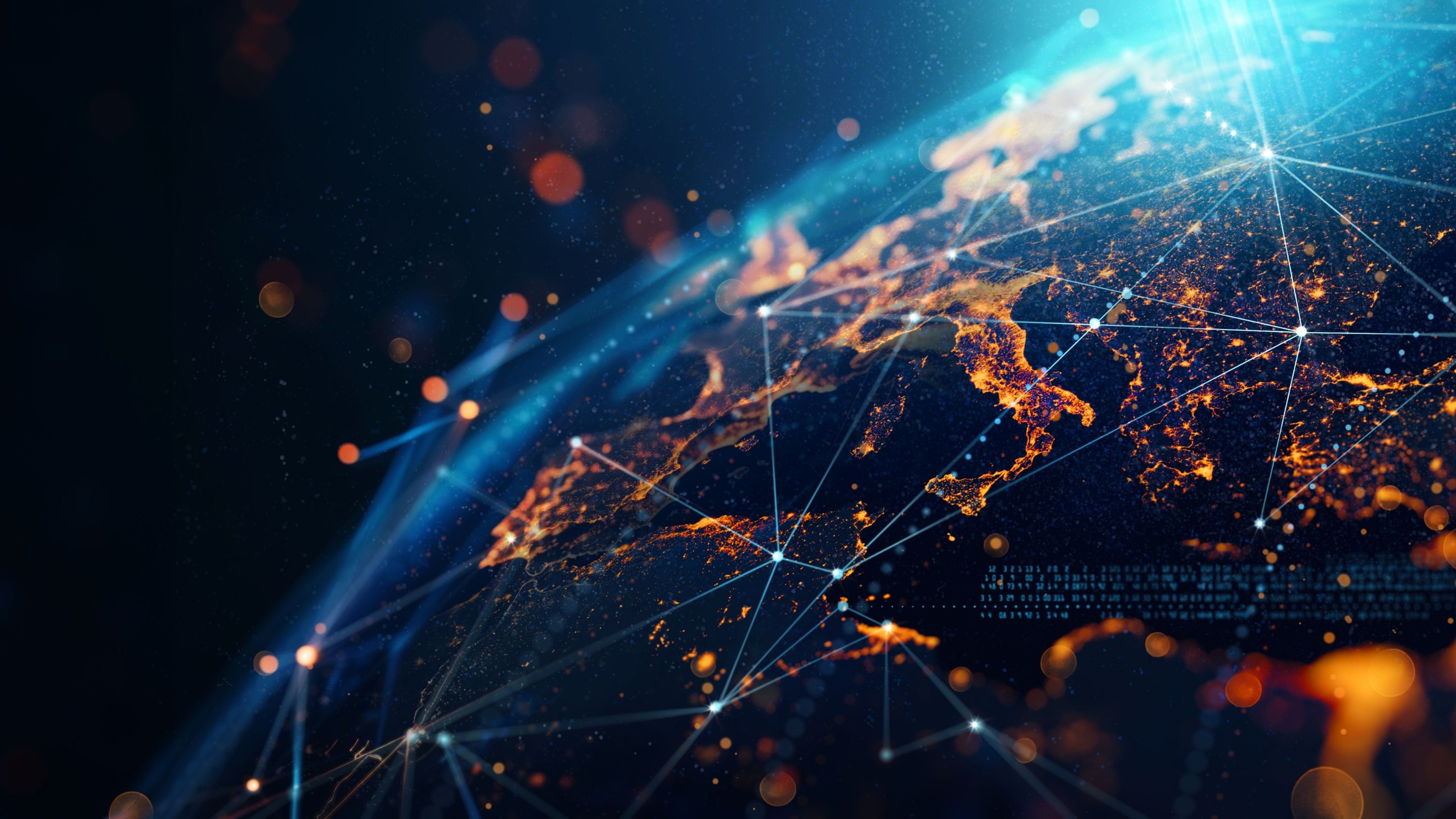 A digital globe illustration featuring illuminated continents connected by glowing lines and abstract data visuals against
