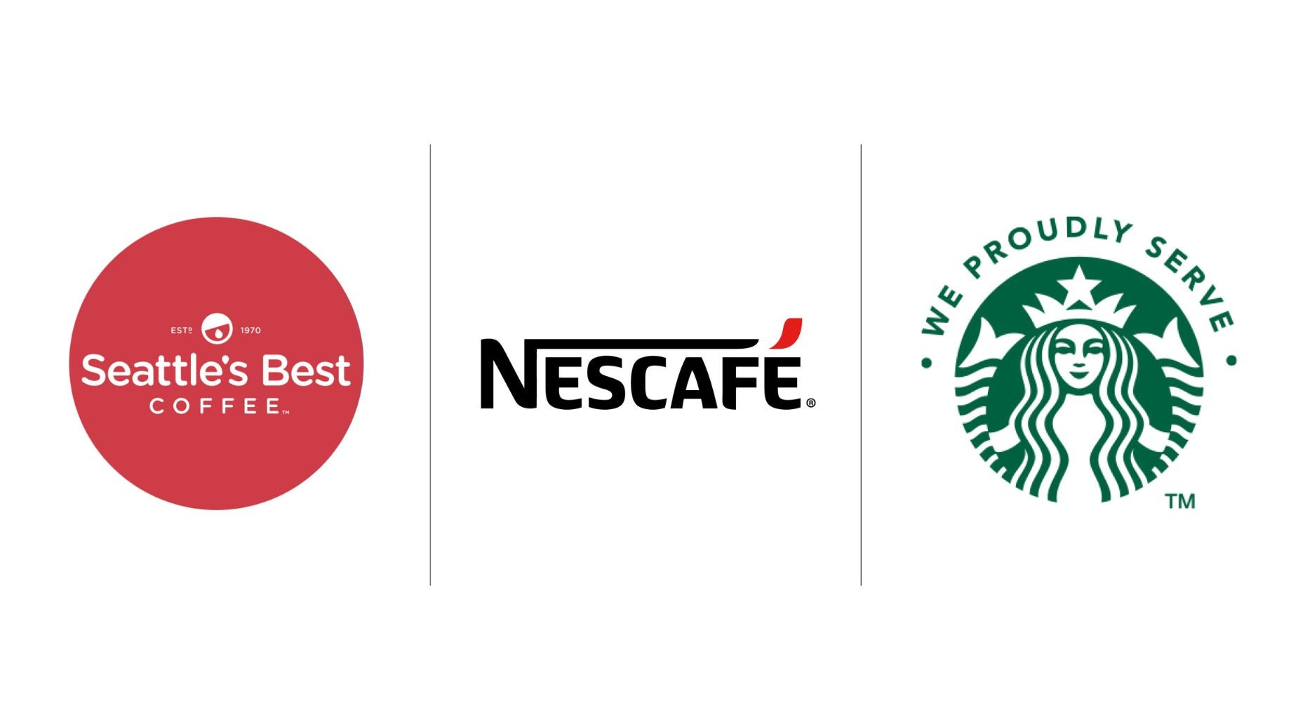 Three coffee brand logos: Seattle's Best Coffee, Nescafé, and Starbucks with "We Proudly Serve"