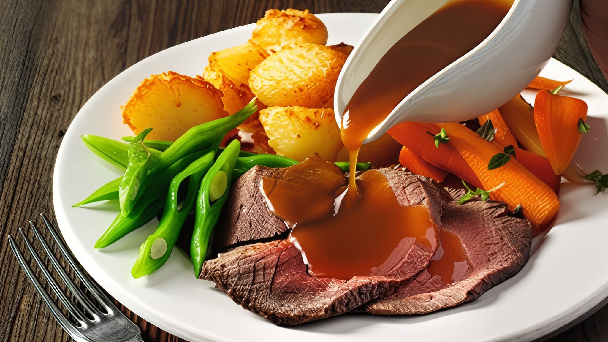 Gravy poured over roast dinner