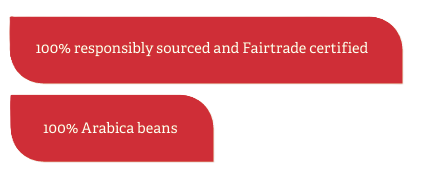 Text on red labels stating "100% responsibly sourced and Fairtrade certified" and "100% Arabica beans" on a light background.