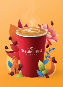 Steaming cup of Seattle's Best Coffee in a red cup surrounded by colorful leaves, coffee beans, a flower, and an orange cat.