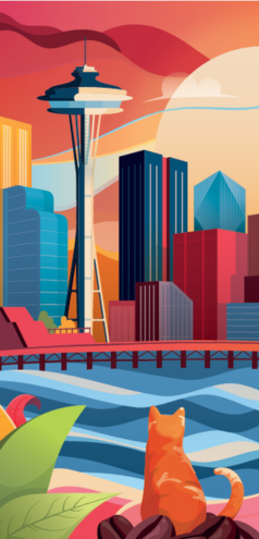 Illustration of Seattle skyline at sunset with the Space Needle, various skyscrapers, a bridge, and an orange cat looking at
