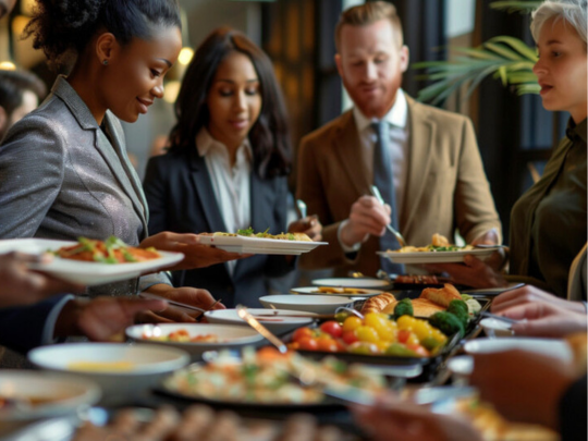 A group of people dressed in business attire serving themselves food from a buffet table with various dishes.