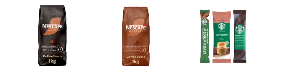 Packages of Nescafé Barista coffee beans and Starbucks instant coffee sticks in various flavors and roasts.