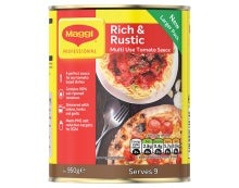 Front view of Maggi Rich Rustic Tomato Sauce 950g, showcasing its vibrant packaging and rich, flavorful contents.