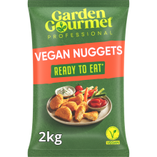 A 2kg bag of Garden Gourmet professional vegan nuggets, labeled "Ready to Eat," with a serving of nuggets and dipping sauces 