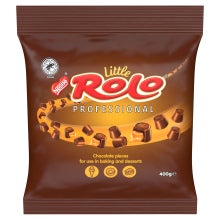 Nestle Little Rolo Professional 400g bag of chocolate pieces for baking and desserts with caramel filling.