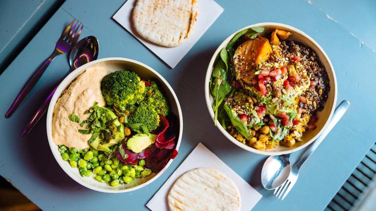 plant based meals on a blue table