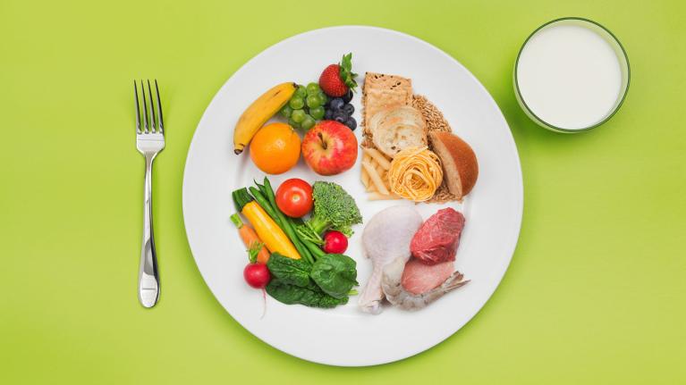 a plate of veg, fruit, carbs and protein