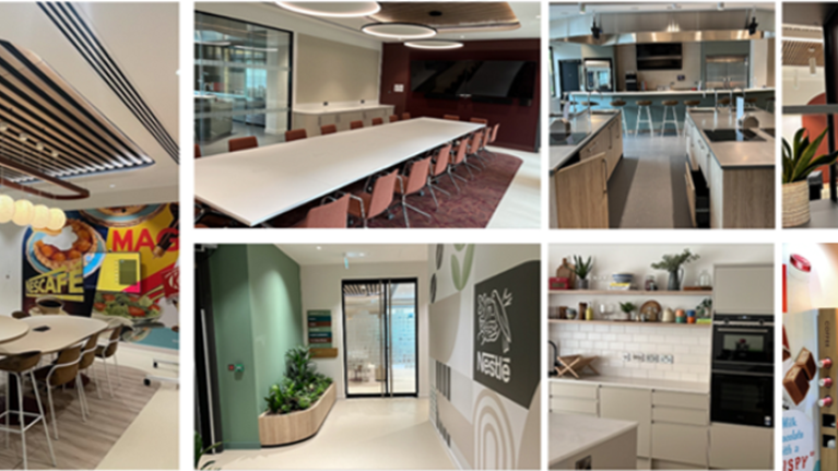 A collage of photos of the new development kitchen