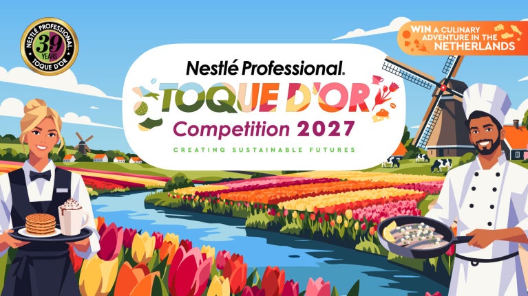 Two chefs holding dishes among Dutch tulip fields and windmills; Nestlé Toque d’Or 2027 banner.