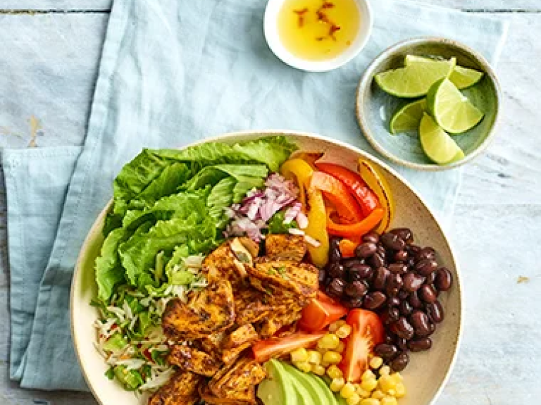 Ariel view of Portuguese-style Vegan Burrito Bowl Recipe with Fillet Pieces