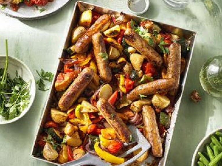 Garden Gourmet Vegan Cumberland Sausage used in Sausage and Roasted Veg Tray Bake