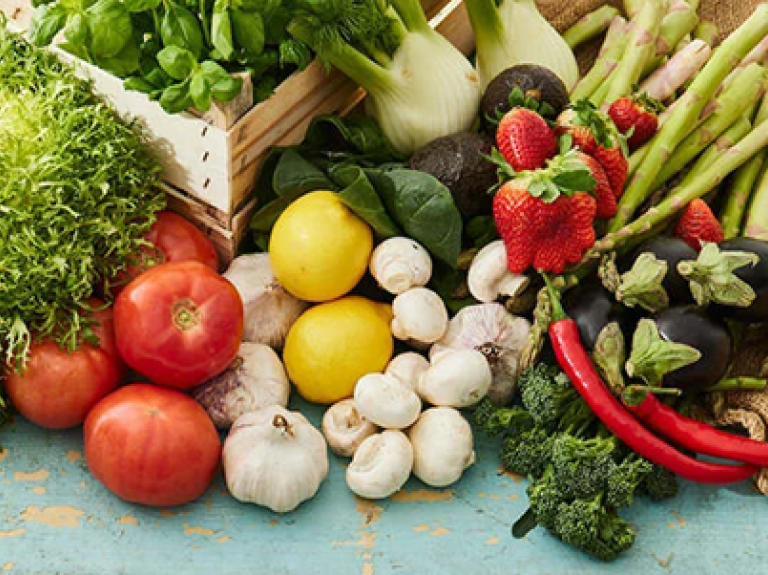 Group of vegetables, including tomatoes, garlic, aubergine and mushrooms
