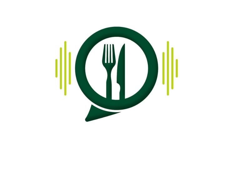 A green fork and knife in a quotation bubble