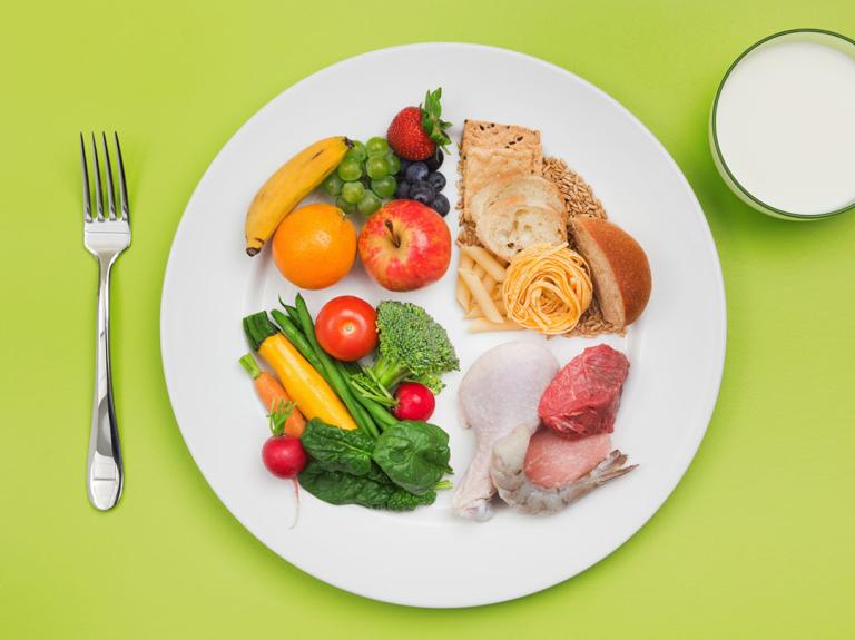 a plate of veg, fruit, carbs and protein