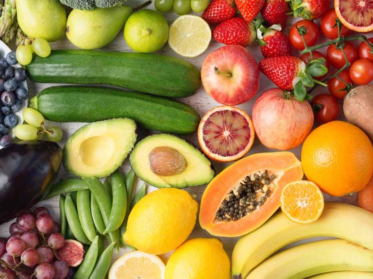 a colourful spread of fruit and veg