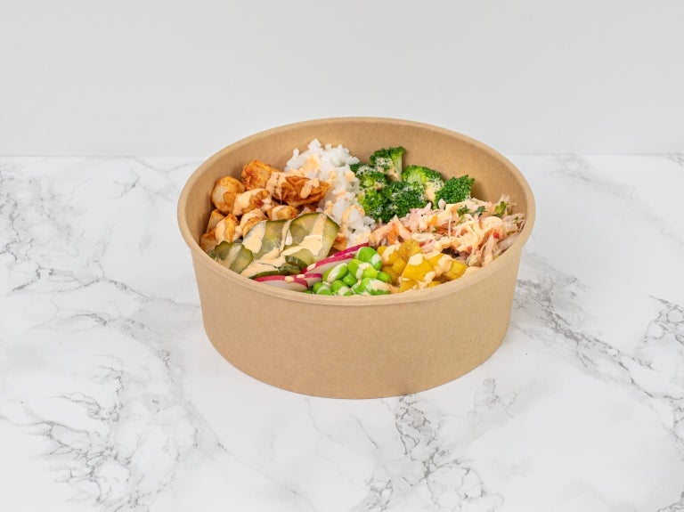 veggie poke bowl with chicken style fillet pieces
