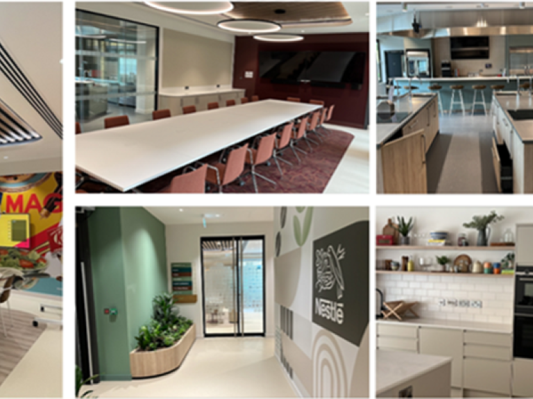 A collage of photos of the new development kitchen