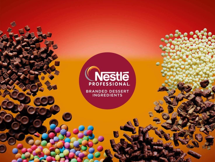 Nestlé Professional logo surrounded by chocolate toppings and colourful sweets on red-orange.