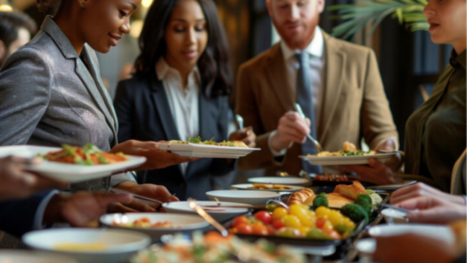 A group of people dressed in business attire serving themselves food from a buffet table with various dishes.
