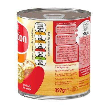 The back of a 397g tin of Carnation Caramel 