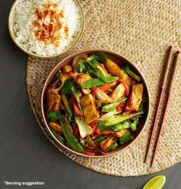 chicken-style pieces served with vegetables on a plate
