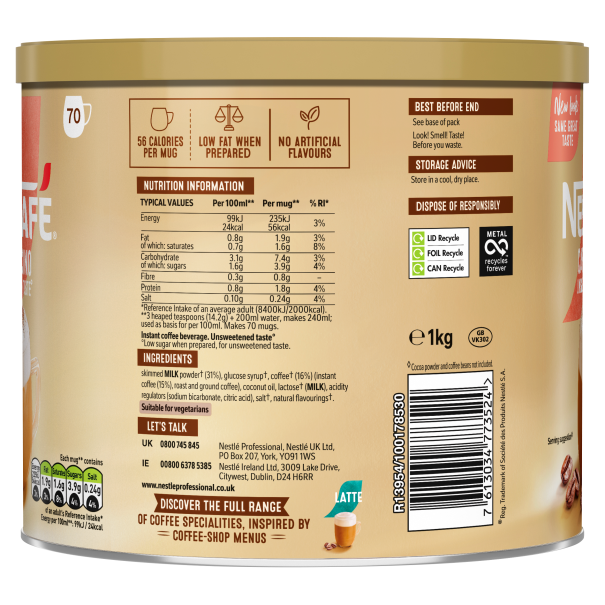 Nescafe Cappuccino Unsweetened 1kg Tin Side View 2 