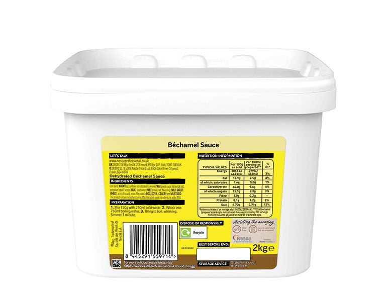 Back view of Maggi Bechamel Sauce 2kg packaging, showcasing ingredients.