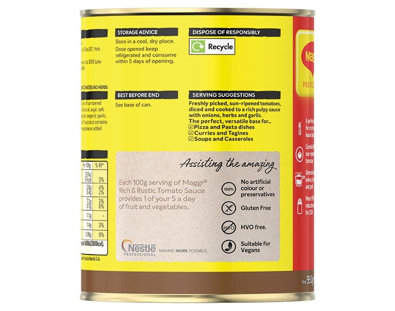 Front view of Maggi Rich Rustic Tomato Sauce 950g, showcasing its vibrant packaging and rich, flavorful contents.