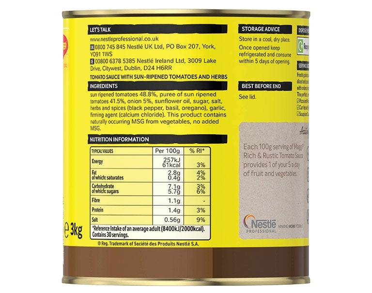 Back view of Maggi Rich Rustic Tomato Sauce 3kg, showcasing the nutritional information and ingredient details on the label.