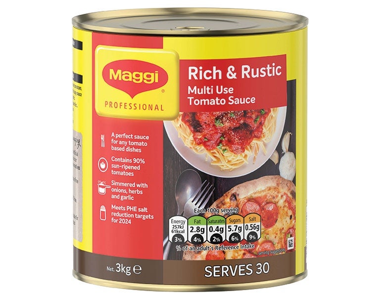 Front view of Maggi Rich Rustic Tomato Sauce 3kg, featuring its vibrant packaging and rich, flavorful tomato contents.