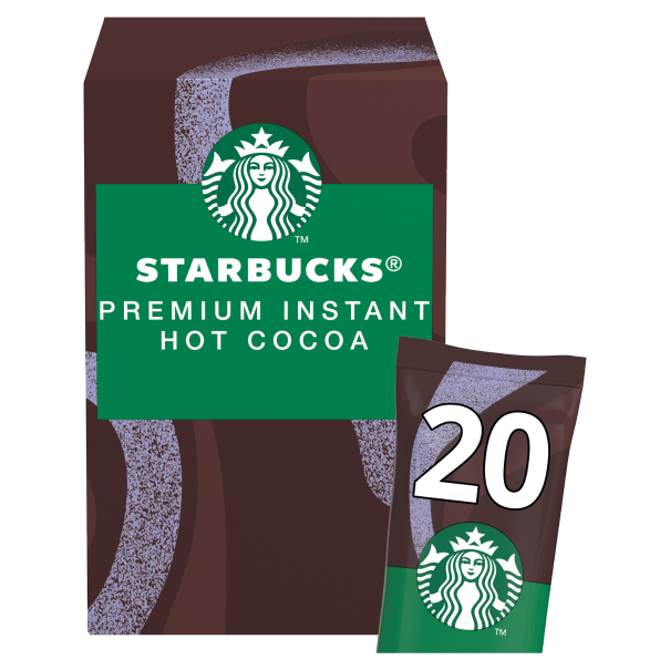 Starbucks Premium Instant Hot Cocoa box with 20 servings, featuring the iconic green logo and brown packaging design