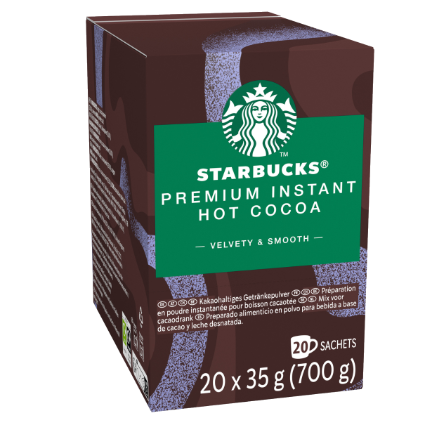 A box of Starbucks Premium Instant Hot Cocoa, featuring 20 sachets, displaying a velvety and smooth texture