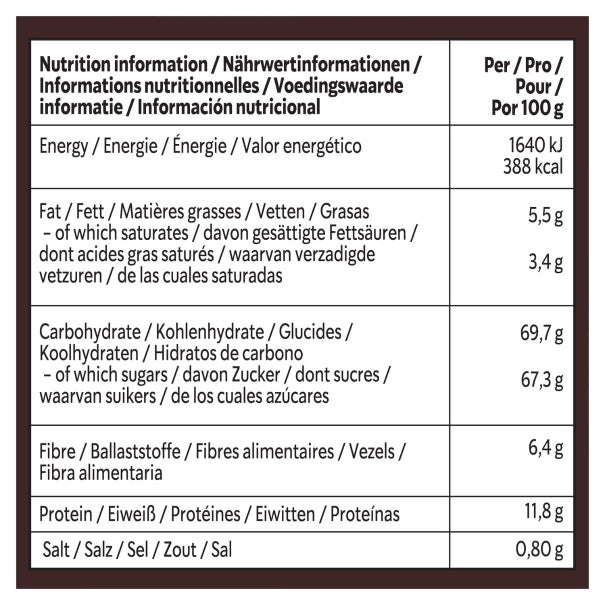 Nutritional information table detailing energy, fat, carbohydrates, fiber, protein, and salt content per 100g