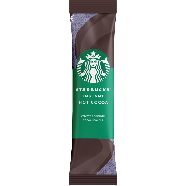 A packet of Starbucks Instant Hot Cocoa, featuring a green label with a logo, highlighting "velvety & smooth cocoa powder"