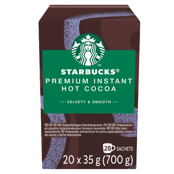 Starbucks Premium Instant Hot Cocoa box with 20 sachets, featuring a velvety and smooth design in rich brown and green colors